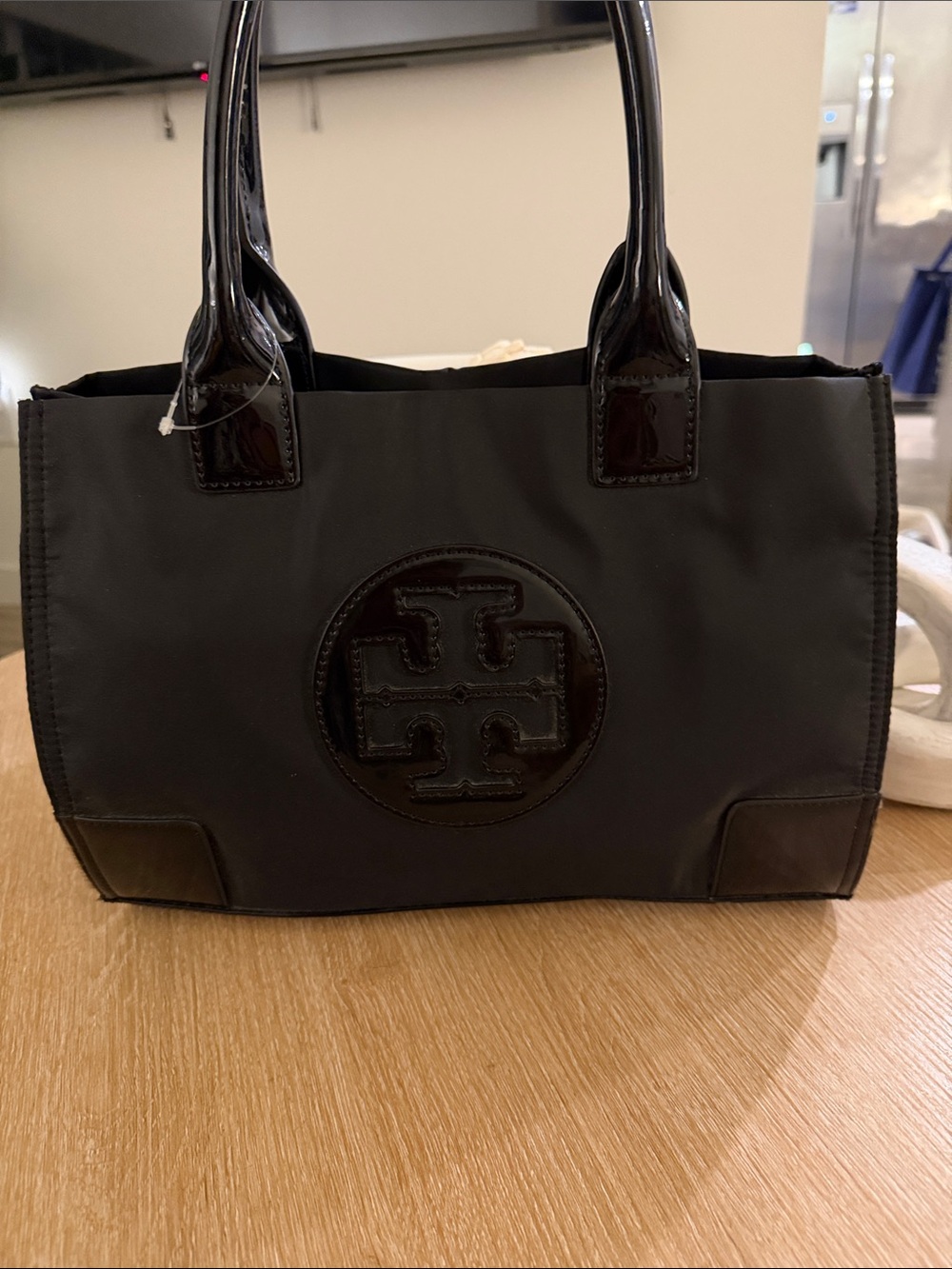 Tory Burch Black Nylon Tote with Patent Trimmed Logo